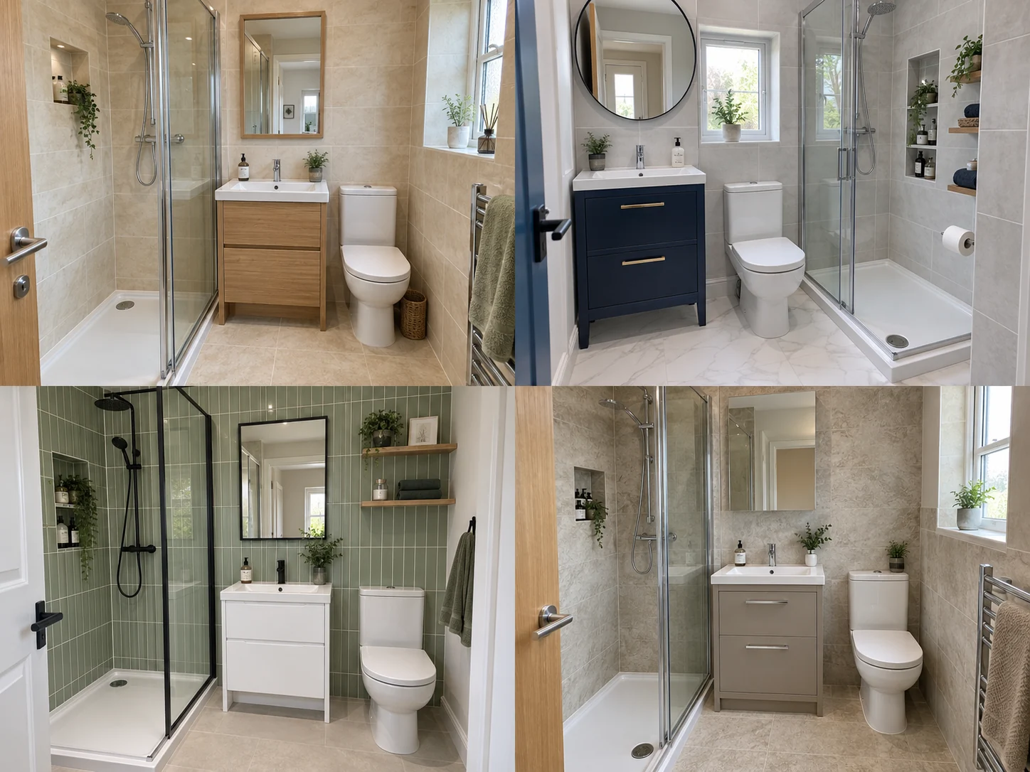 Compact shower room with pale grey tiles, navy vanity, white flooring